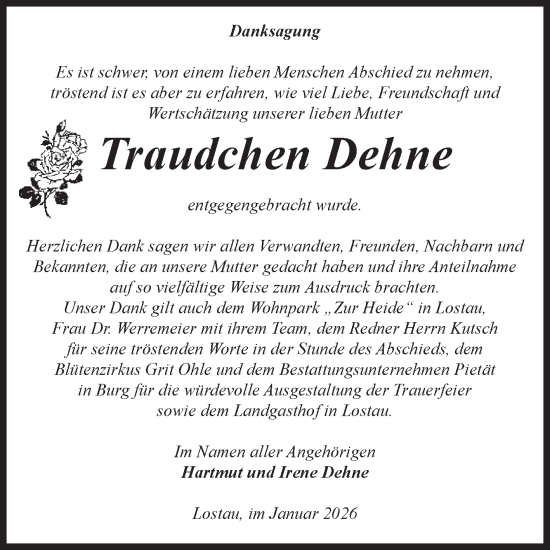Traueranzeige von Traudchen Dehne von Volksstimme Burg/Genthin