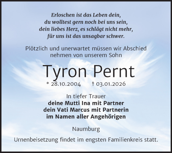 Traueranzeige von Tyron Pernt von Super Sonntag Naumburg/Nebra