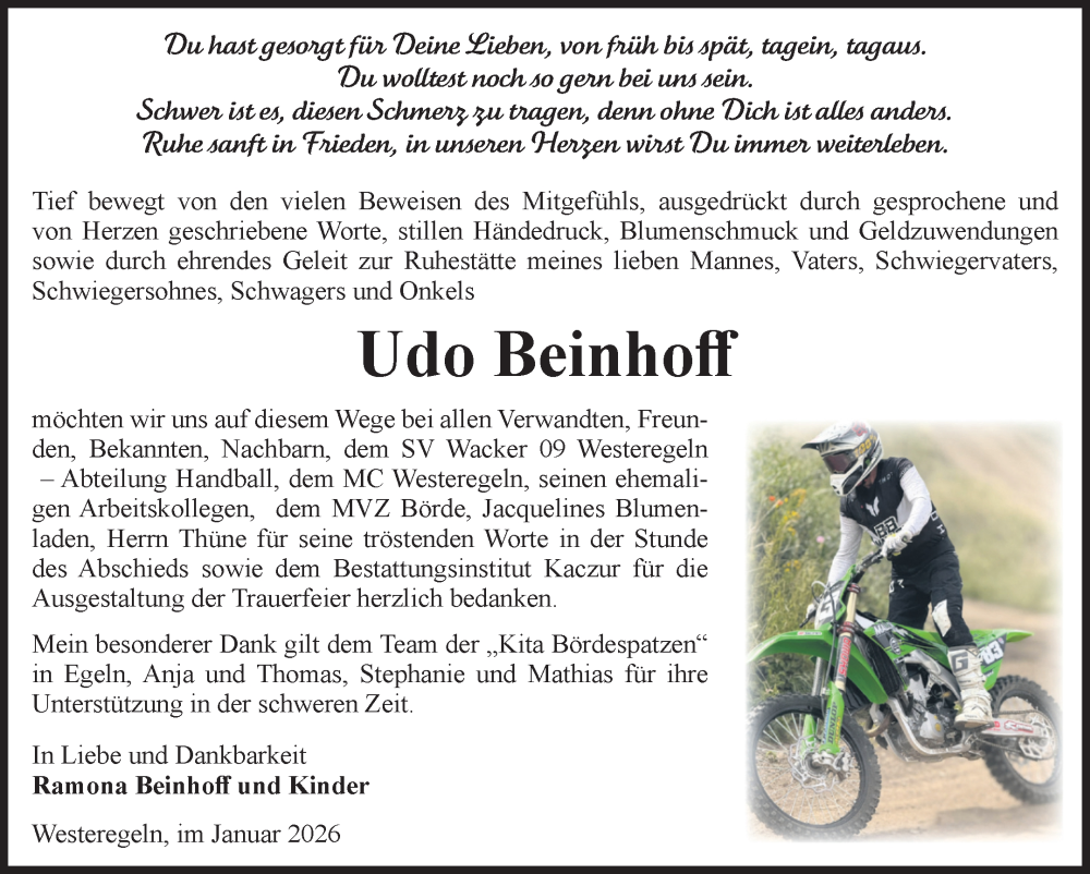  Traueranzeige für Udo Beinhoff vom 24.01.2026 aus Volksstimme Staßfurt