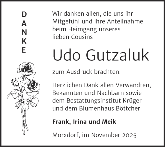 Traueranzeige von Udo Gutzaluk von Trauerkombi Wittenberg