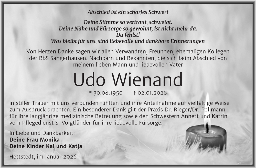  Traueranzeige für Udo Wienand vom 31.01.2026 aus Trauerkombi Mansfelder Land