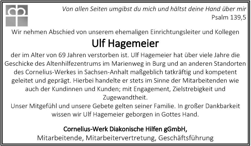  Traueranzeige für Ulf Hagemeier vom 31.01.2026 aus Volksstimme Burg/Genthin