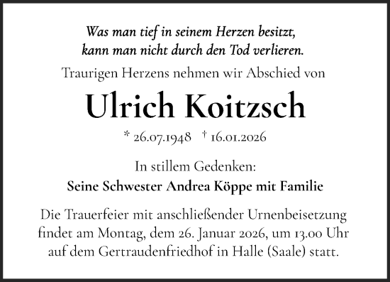 Traueranzeige von Ulrich Koitzsch von Mitteldeutsche Zeitung Halle/Saalkreis