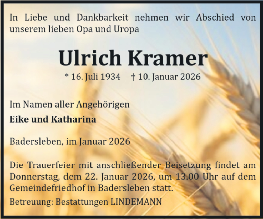  Traueranzeige für Ulrich Kramer vom 17.01.2026 aus Volksstimme Halberstadt