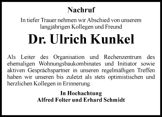 Traueranzeige von Ulrich Kunkel von Volksstimme Magdeburg