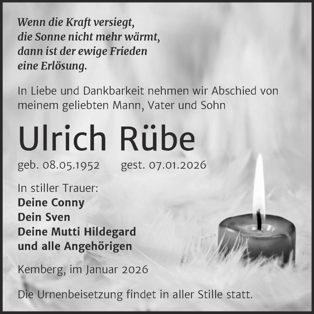  Traueranzeige für Ulrich Rübe vom 17.01.2026 aus Trauerkombi Wittenberg