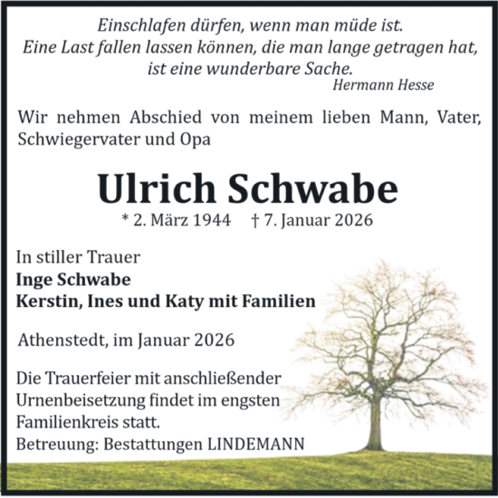 Traueranzeige von Ulrich Schwabe von Volksstimme Halberstadt