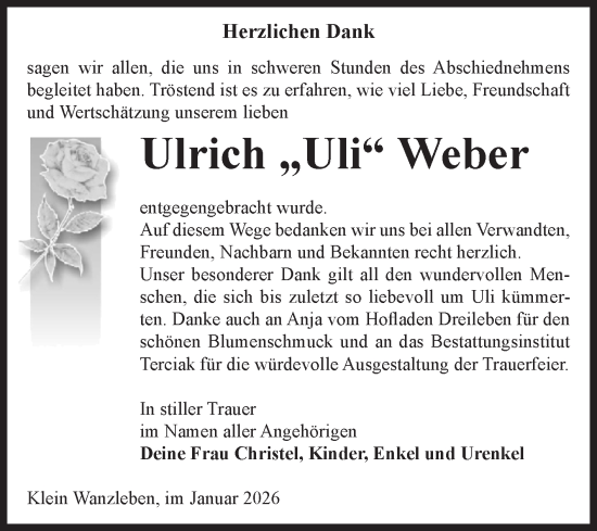 Traueranzeige von Ulrich Weber von Volksstimme Oschersleben/Wanzleben