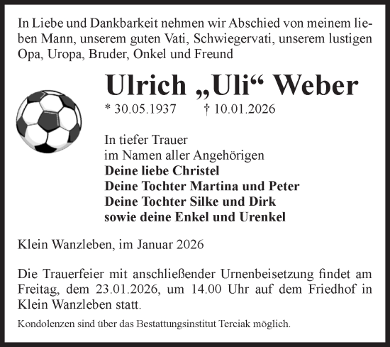 Traueranzeige von Ulrich Weber von Volksstimme Oschersleben/Wanzleben