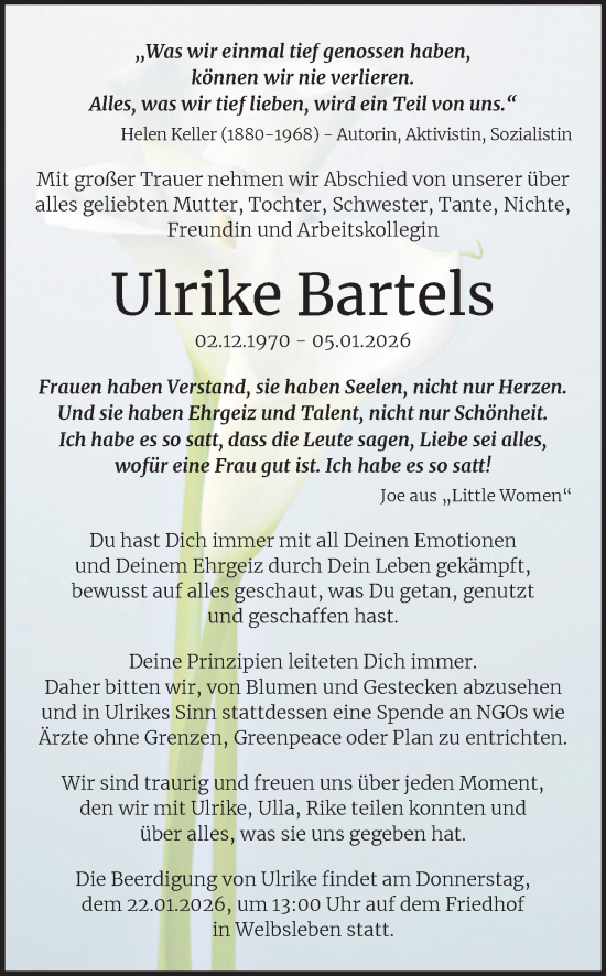 Traueranzeige von Ulrike Bartels von Mitteldeutsche Zeitung Halle/Saalkreis