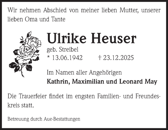 Traueranzeige von Ulrike Heuser von Volksstimme Magdeburg