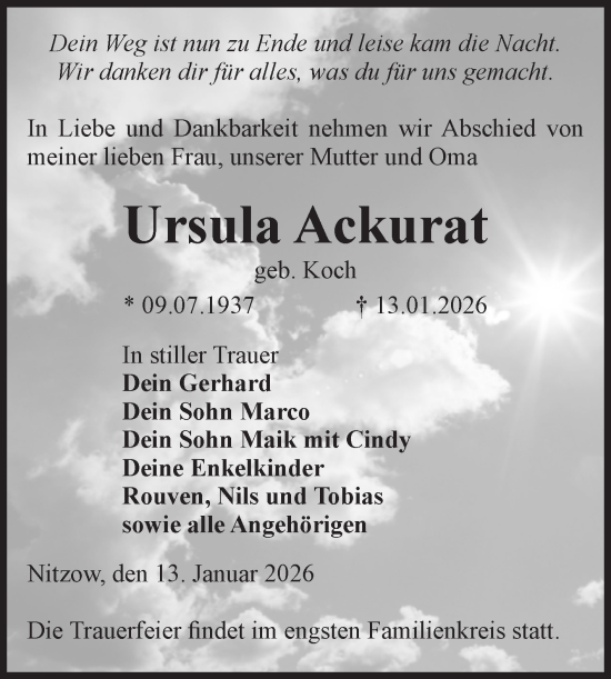 Traueranzeige von Ursula Ackurat von Volksstimme Altmark Ost