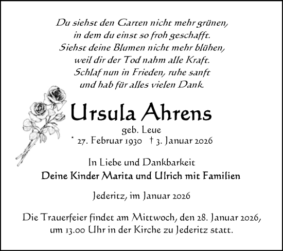 Traueranzeige von Ursula Ahrens von Volksstimme Altmark Ost
