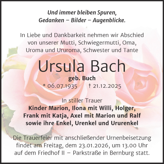 Traueranzeige von Ursula Bach von Trauerkombi Bernburg