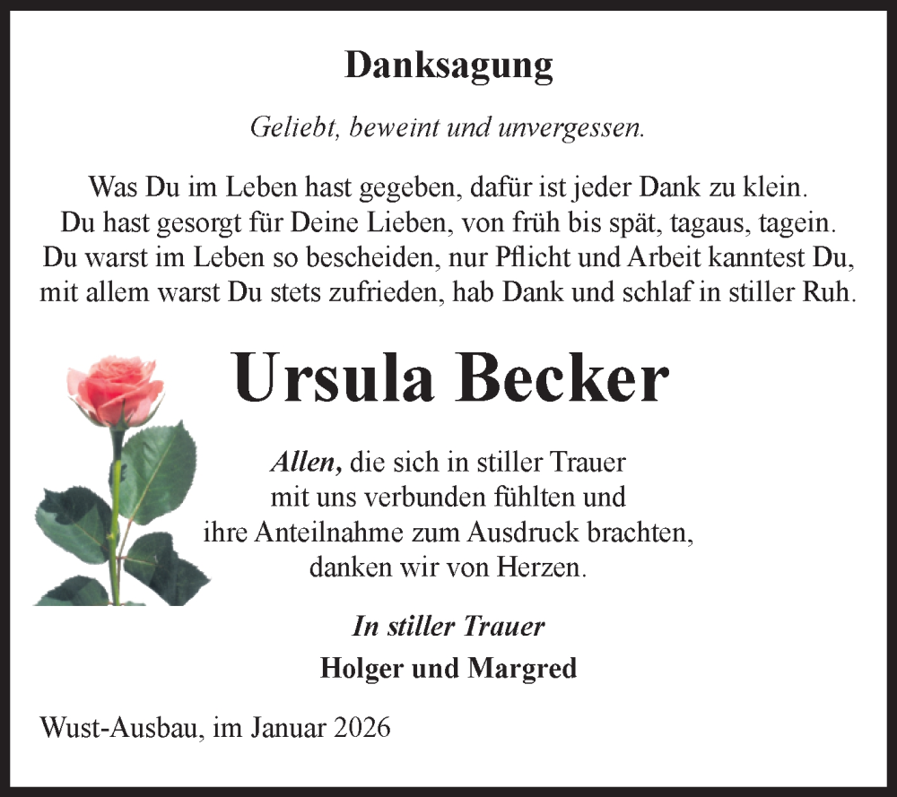  Traueranzeige für Ursula Becker vom 31.01.2026 aus Volksstimme Altmark Ost