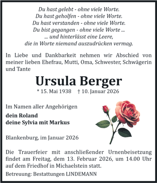 Traueranzeige von Ursula Berger von Volksstimme Wernigerode