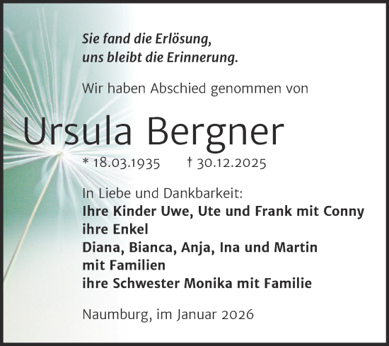 Traueranzeige von Ursula Bergner von Super Sonntag Naumburg/Nebra