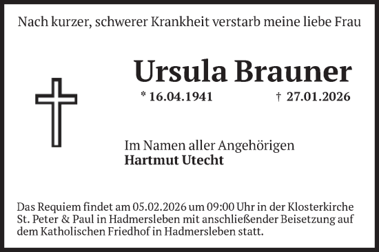 Traueranzeige von Ursula Brauner von Volksstimme Magdeburg