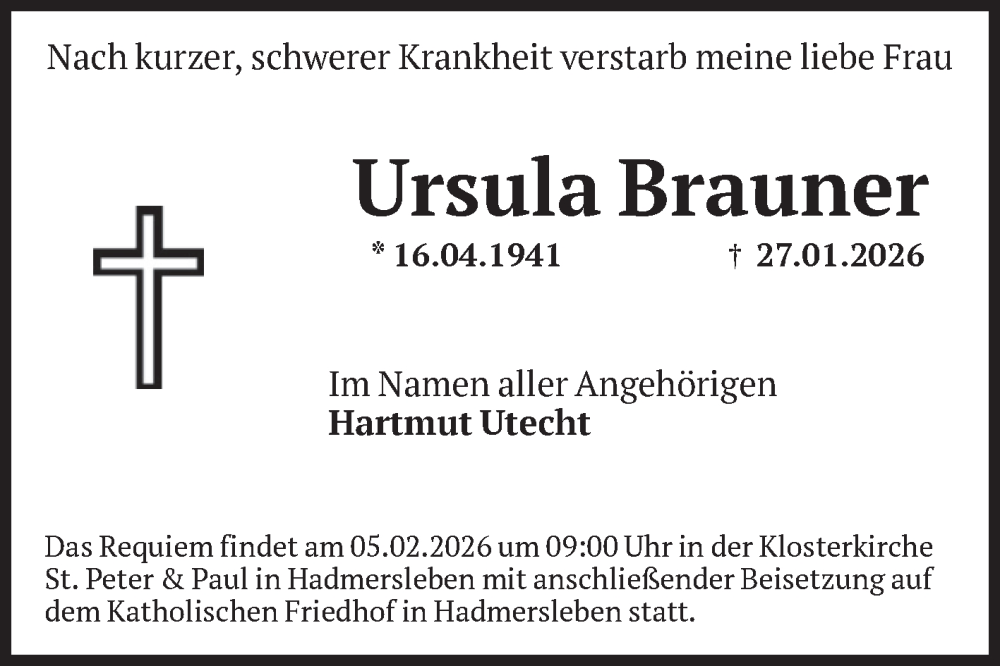  Traueranzeige für Ursula Brauner vom 31.01.2026 aus Volksstimme Magdeburg