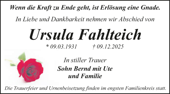 Traueranzeige von Ursula Fahlteich von Trauerkombi Dessau