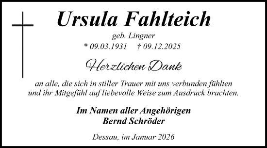 Traueranzeige von Ursula Fahlteich von Trauerkombi Dessau
