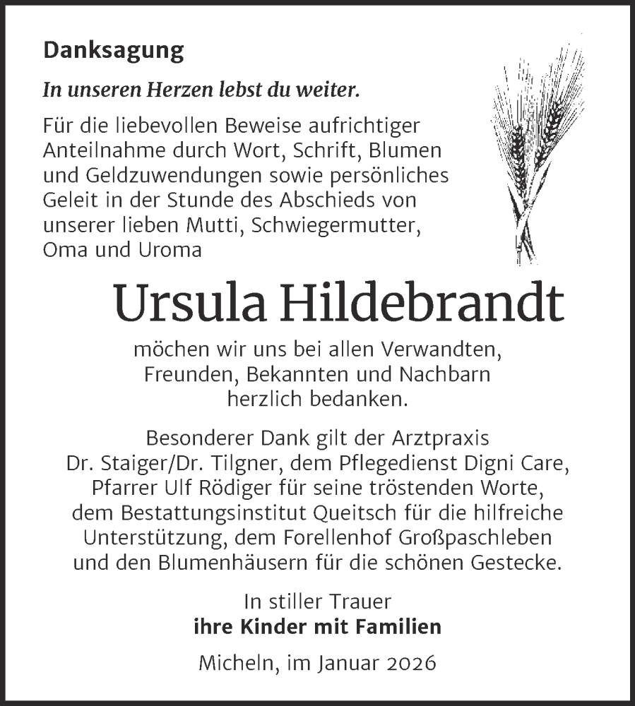  Traueranzeige für Ursula Hildebrandt vom 31.01.2026 aus Trauerkombi Köthen