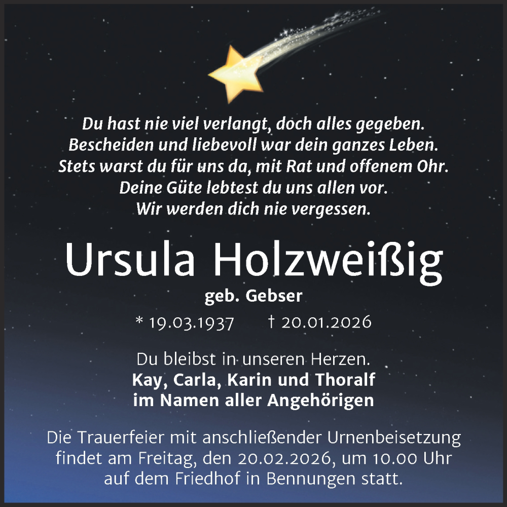  Traueranzeige für Ursula Holzweißig vom 31.01.2026 aus Trauerkombi Sangerhausen