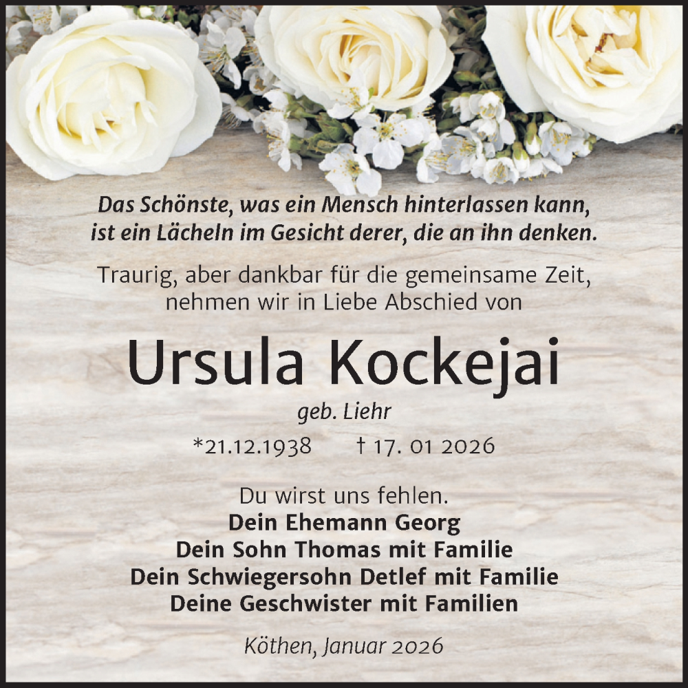  Traueranzeige für Ursula Kockejai vom 24.01.2026 aus Trauerkombi Köthen