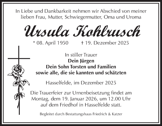 Traueranzeige von Ursula Kohlrusch von Volksstimme Wernigerode