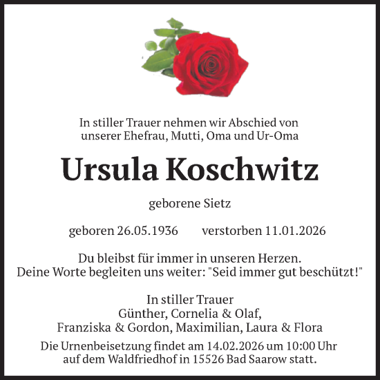 Traueranzeige von Ursula Koschwitz von Volksstimme Halberstadt