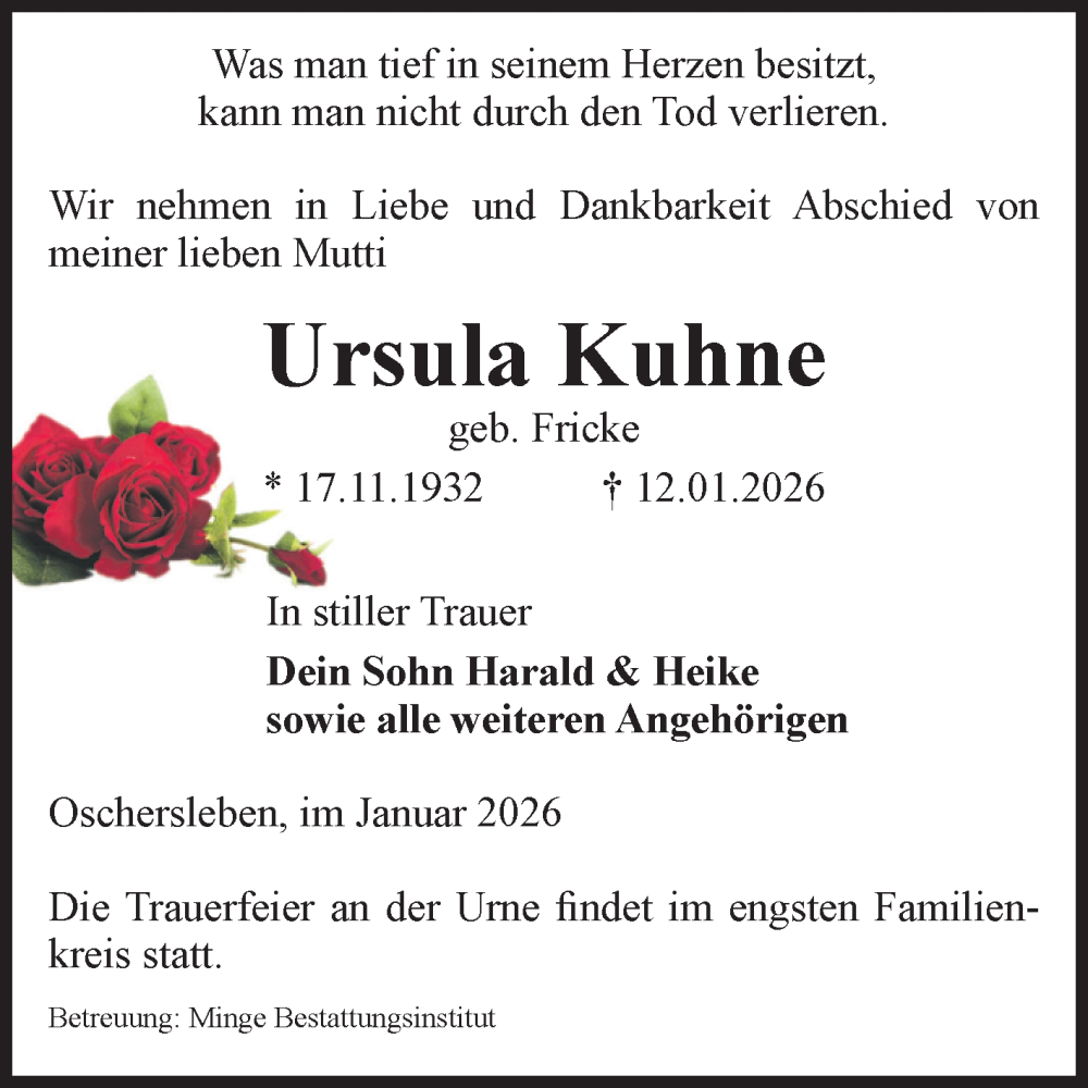  Traueranzeige für Ursula Kuhne vom 17.01.2026 aus Volksstimme Oschersleben/Wanzleben