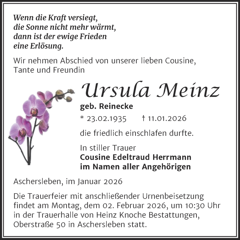  Traueranzeige für Ursula Meinz vom 24.01.2026 aus Trauerkombi Aschersleben