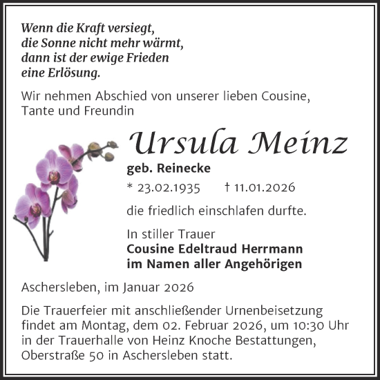 Traueranzeige von Ursula Meinz von Trauerkombi Aschersleben