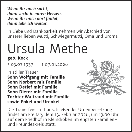 Traueranzeige von Ursula Methe von Trauerkombi Wittenberg