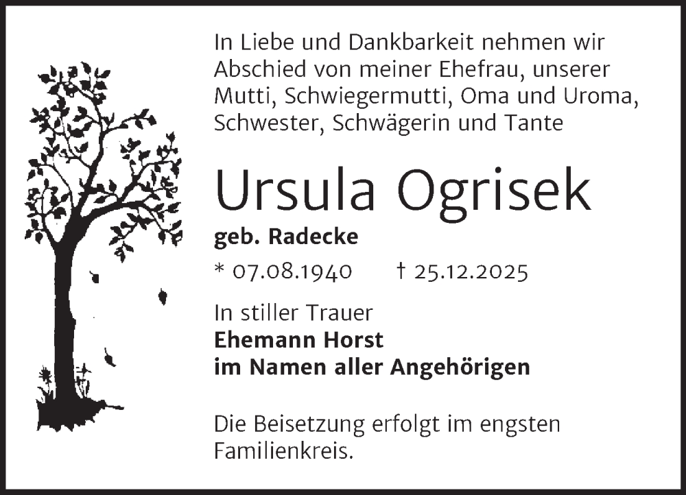  Traueranzeige für Ursula Ogrisek vom 03.01.2026 aus Trauerkombi Bernburg