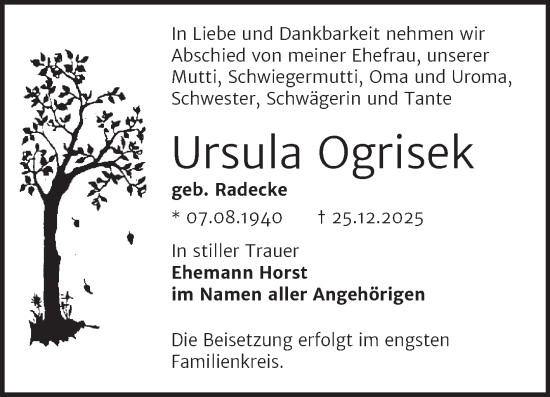 Traueranzeige von Ursula Ogrisek von Trauerkombi Bernburg