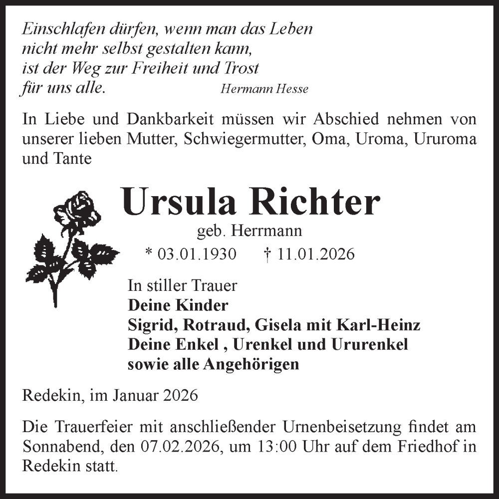  Traueranzeige für Ursula Richter vom 17.01.2026 aus Volksstimme Burg/Genthin