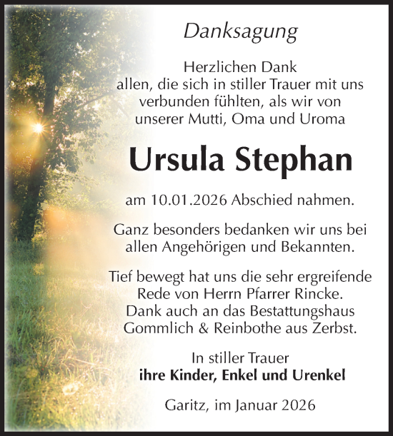 Traueranzeige von Ursula Stephan von Volksstimme Zerbst