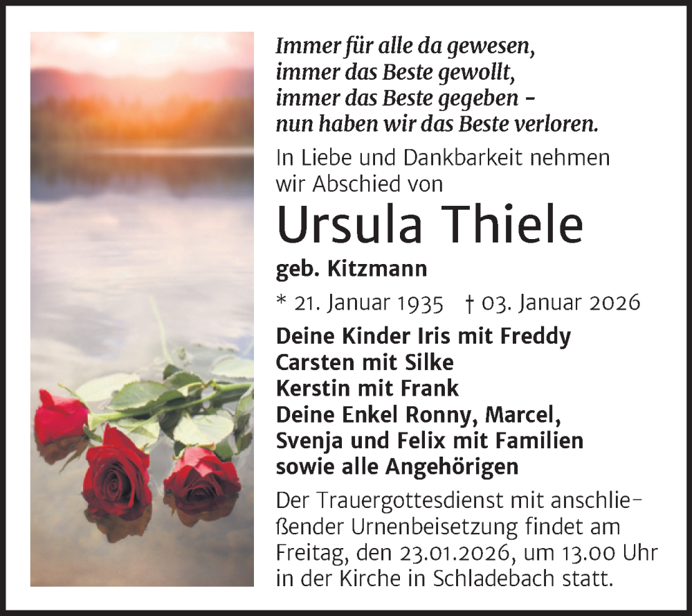  Traueranzeige für Ursula Thiele vom 17.01.2026 aus Trauerkombi Merseburg