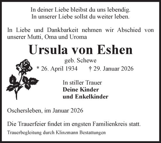 Traueranzeige von Ursula von Eshen von Volksstimme Oschersleben/Wanzleben