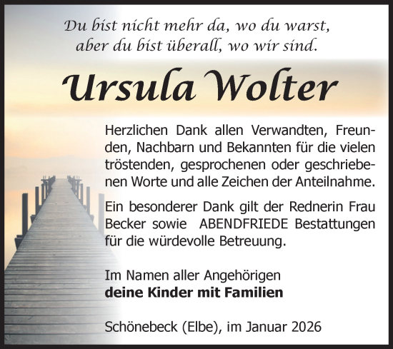 Traueranzeige von Ursula Wolter von Volksstimme Schönebeck