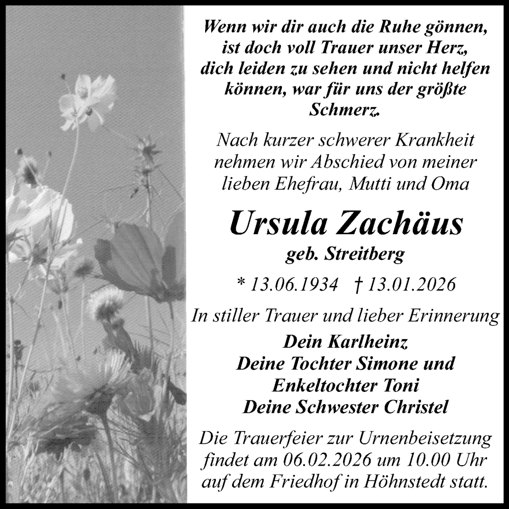  Traueranzeige für Ursula Zachäus vom 24.01.2026 aus Mitteldeutsche Zeitung Halle/Saalkreis