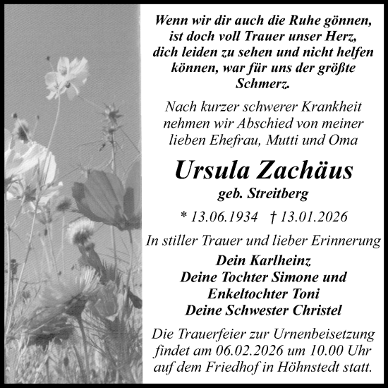 Traueranzeige von Ursula Zachäus von Mitteldeutsche Zeitung Halle/Saalkreis