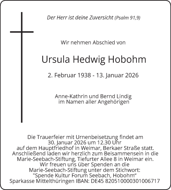 Traueranzeige von Ursula Hedwig Hobohm von Volksstimme Magdeburg