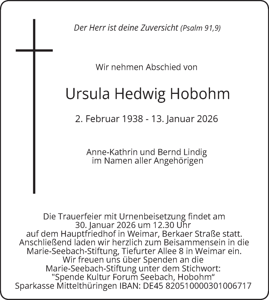  Traueranzeige für Ursula Hedwig Hobohm vom 24.01.2026 aus Volksstimme Magdeburg
