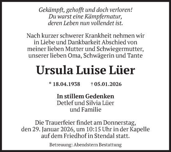 Traueranzeige von Ursula Luise Lüer von Volksstimme Altmark Ost