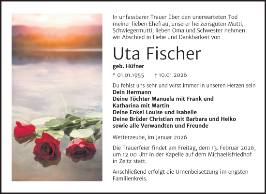 Traueranzeige von Uta Fischer von Trauerkombi Zeitz
