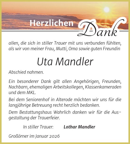 Traueranzeige von Uta Mandler von Trauerkombi Mansfelder Land