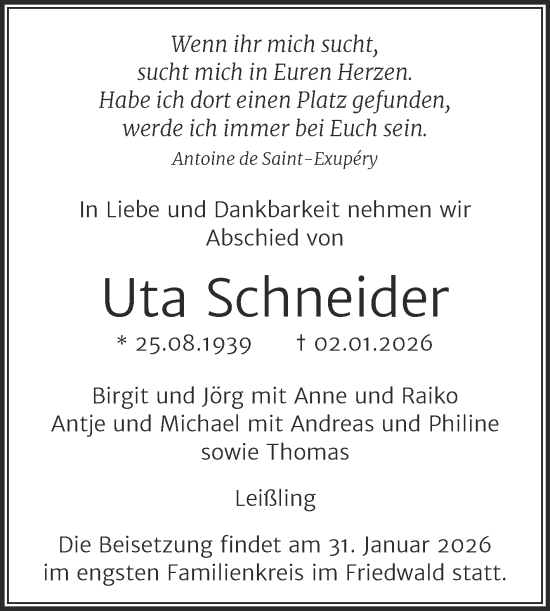 Traueranzeige von Uta Schneider von Trauerkombi Weißenfels