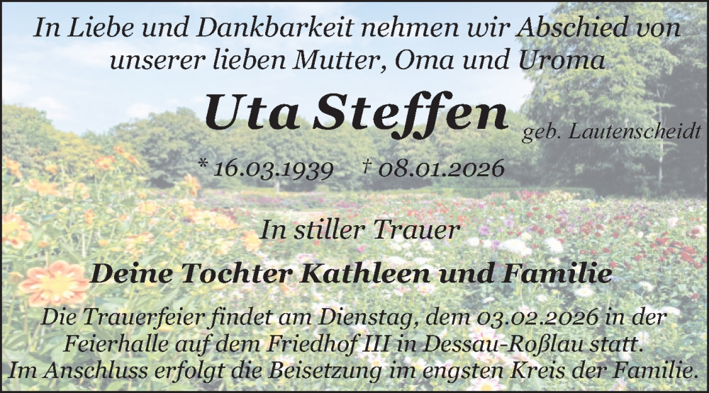  Traueranzeige für Uta Steffen vom 24.01.2026 aus Trauerkombi Dessau